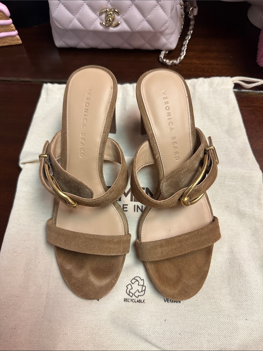 Veronica Beard Tan Suede Mule Sandals with Gold Buckle - Picture 1 of 8